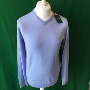 Mens Dunning Merino Wool V-Neck Mid Blue Golf Sweater - Small 38-40"